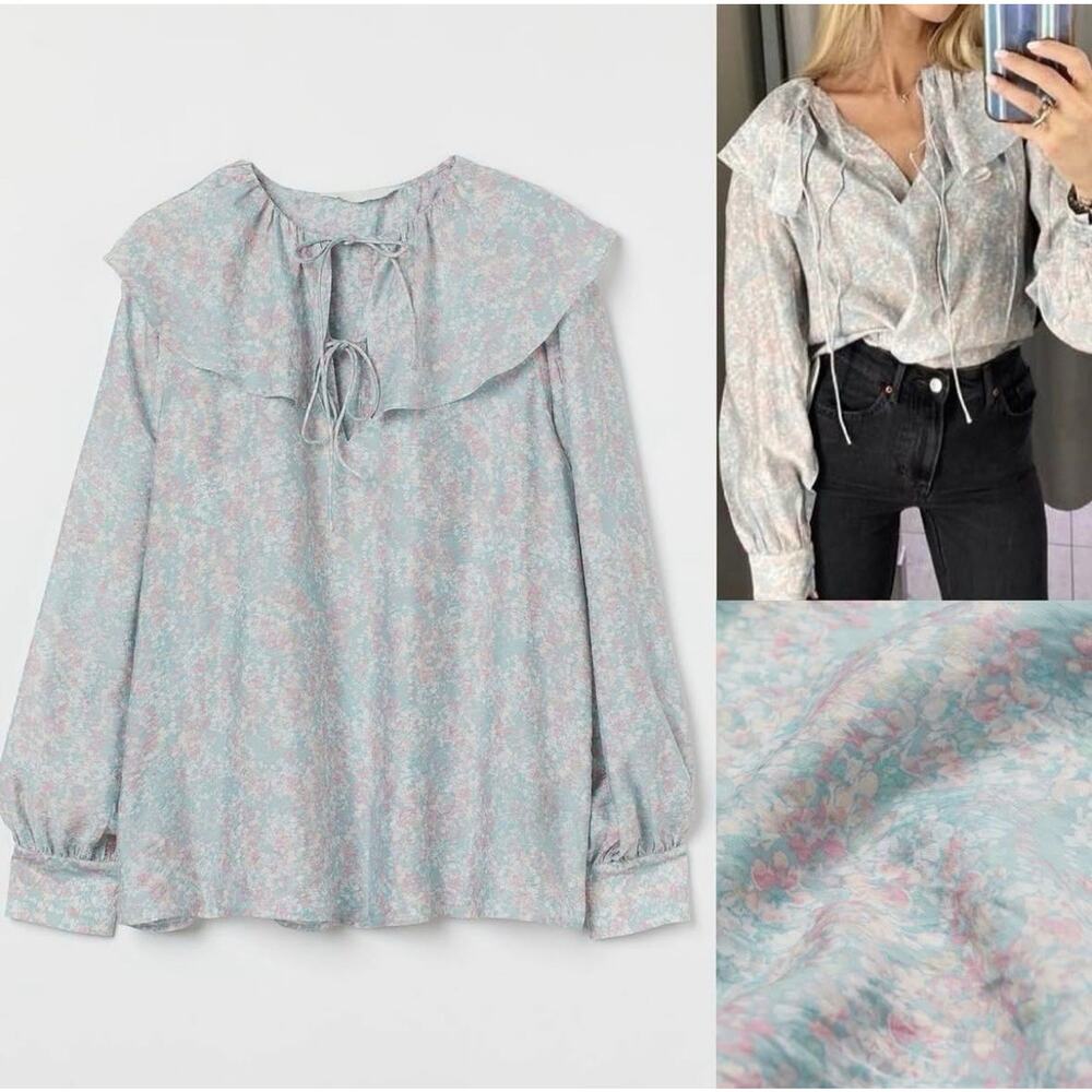 H&M Sz L Floral Flounce Collar Blouse Ruffle Top Boho Fairy Sheer Chiffon Flowy